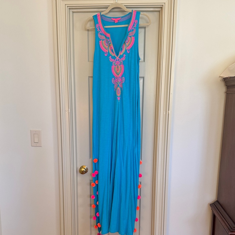 Lilly Pulitzer Turquoise Dress/Coverup with Pink and Orange Pom Pom Trim- Size S
